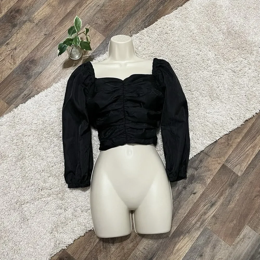 J.crew Size 4 Black On Off Shoulder Puff Sleeve Ruched Cropped Feminine Blouse